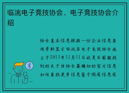 临洮电子竞技协会、电子竞技协会介绍